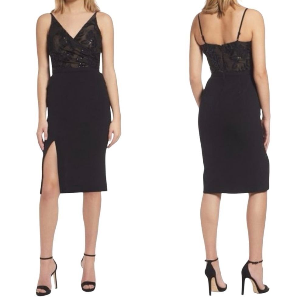 Dress The Population Giulia Dress Black Size Large Leg Slit Sequin Lace Top - Picture 2 of 10